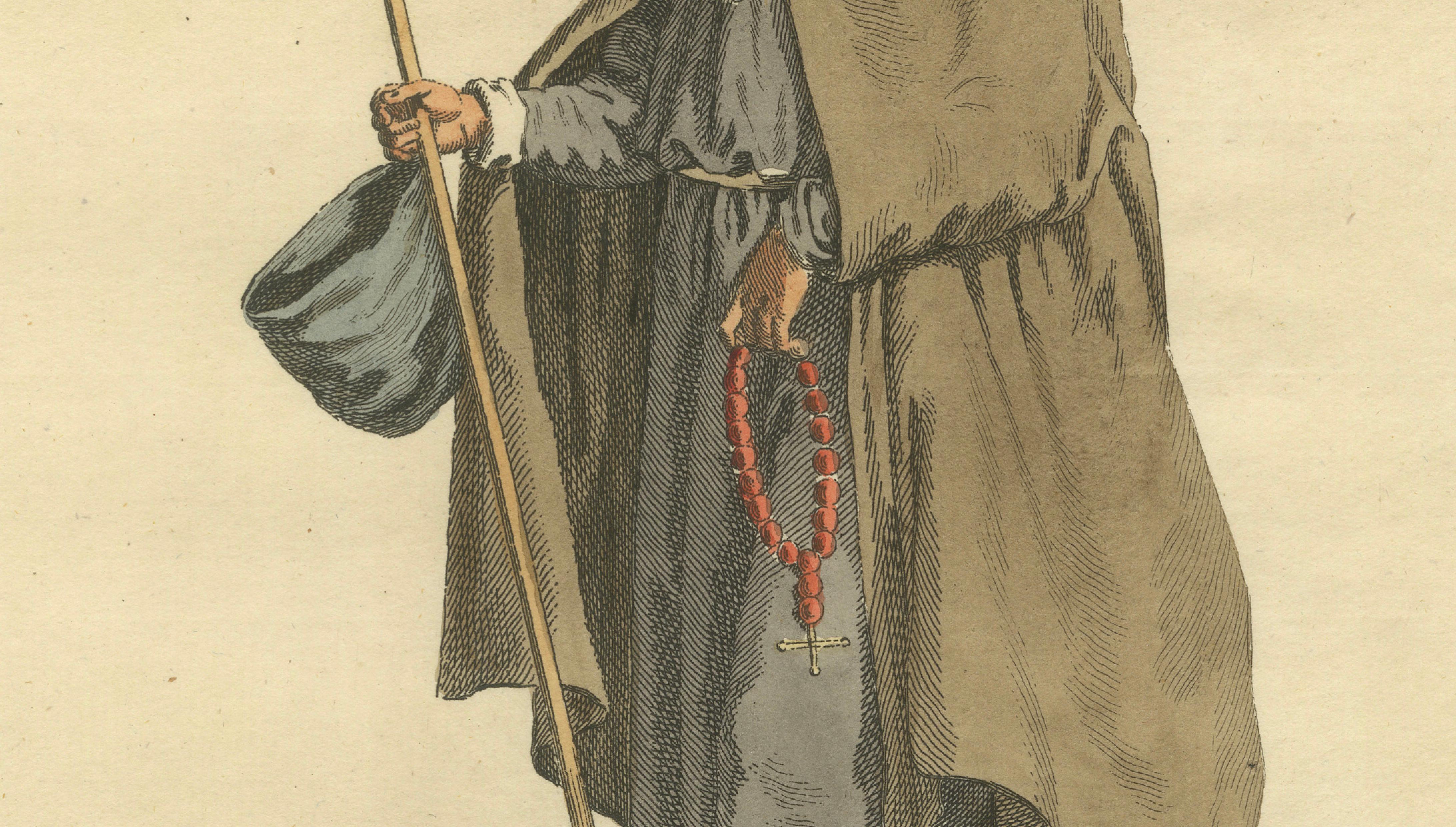 Mendicant Religious Costume Engraving, Pilgrim Monk, 1588 - Published in 1749