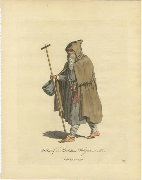 Mendicant Religious Costume Engraving, Pilgrim Monk, 1588 - Published in 1749