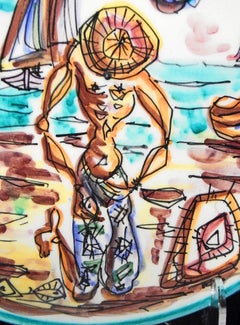 "Mending Nets Beachside, " Rare Midcentury Plate, Società Anonima Marina, Italy
