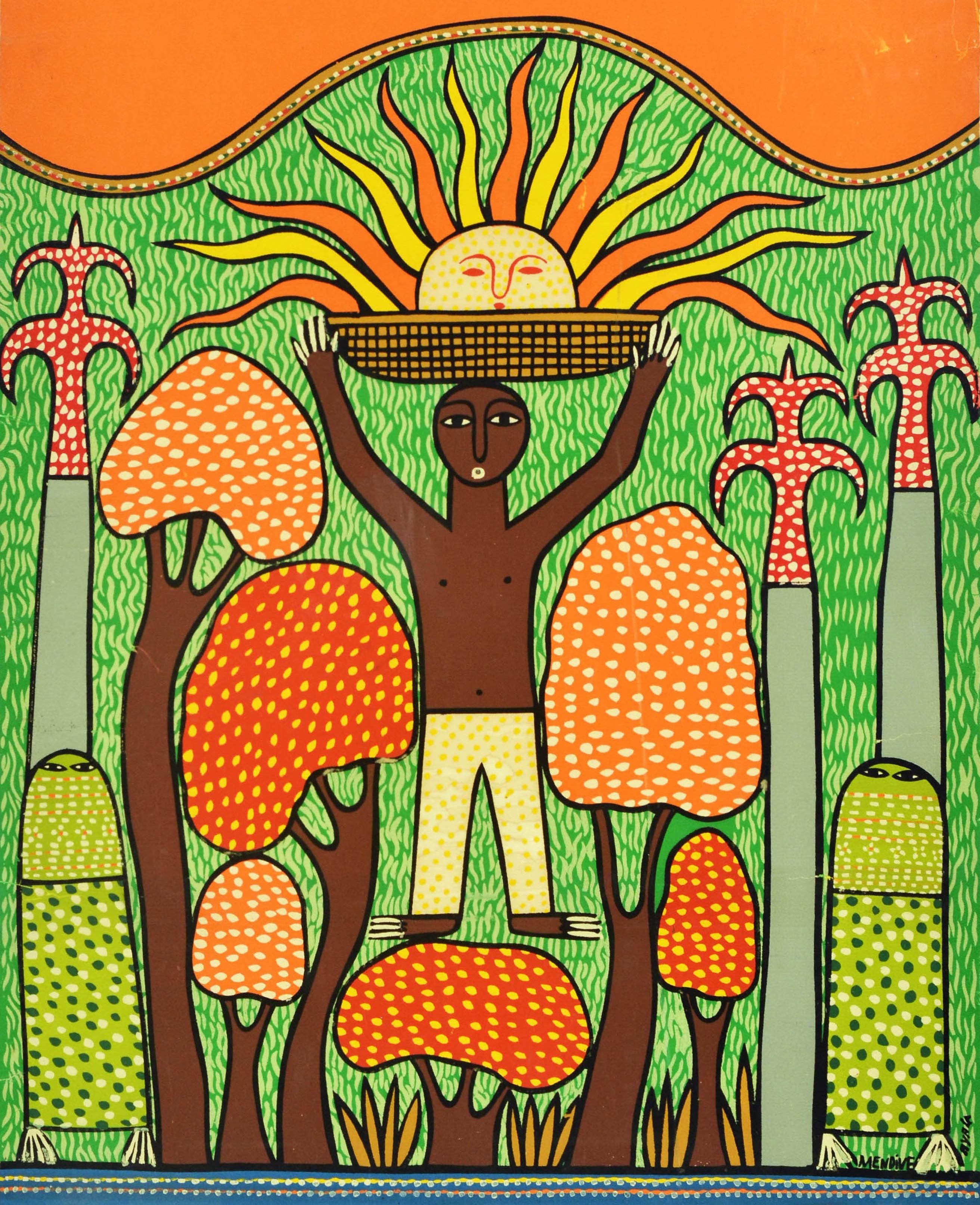 Original-Siebdruckplakat für die Carifesta 81 auf Barbados-Kuba mit einem farbenfrohen Motiv, das eine Person zeigt, die zwischen Bäumen steht und einen Korb auf dem Kopf trägt, aus dem die Sonnenstrahlen auf den grünen Hügel im Hintergrund