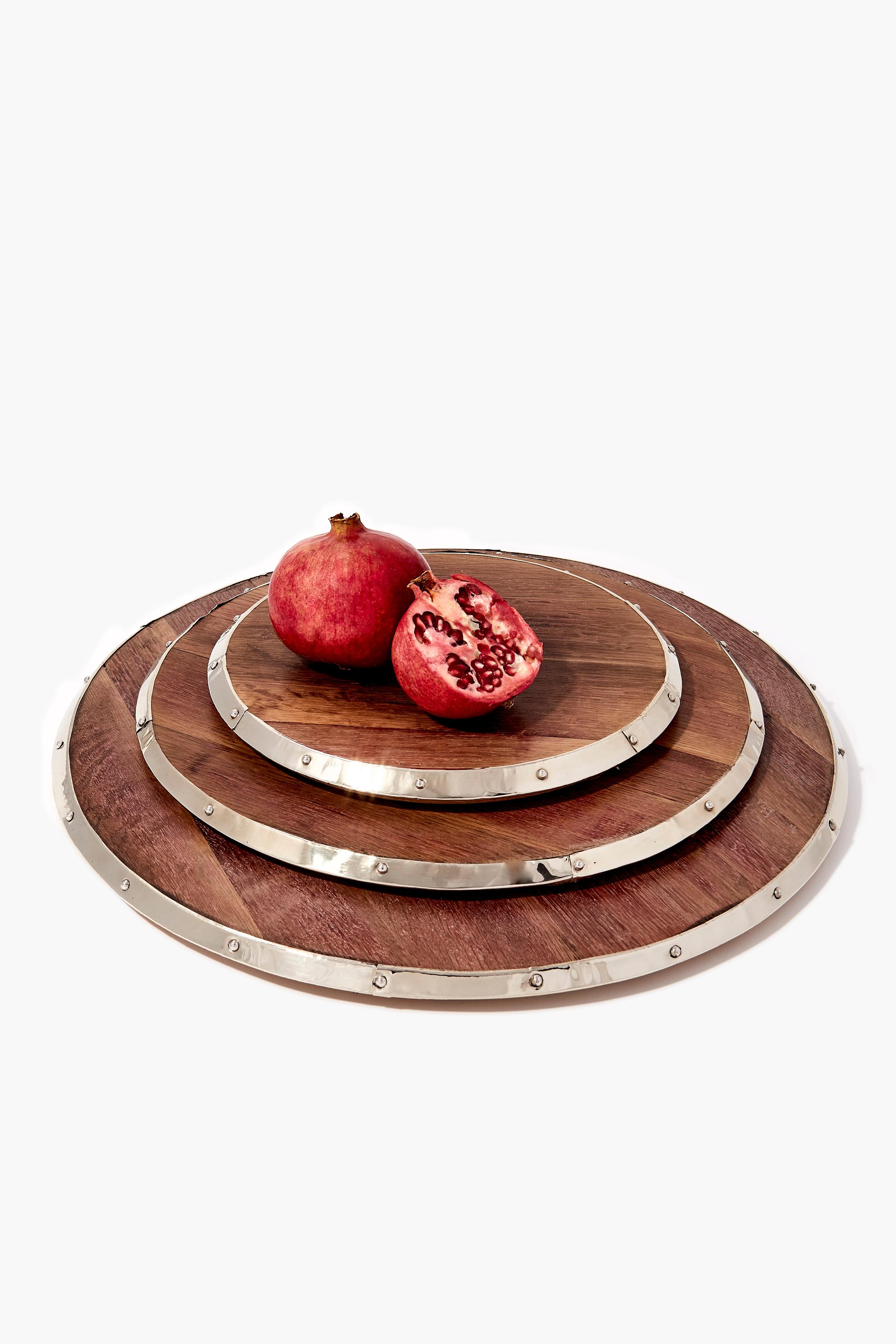 Hand-Carved Mendoza Round Large Tray, Recycled Barrel Wood & Alpaca Silver For Sale