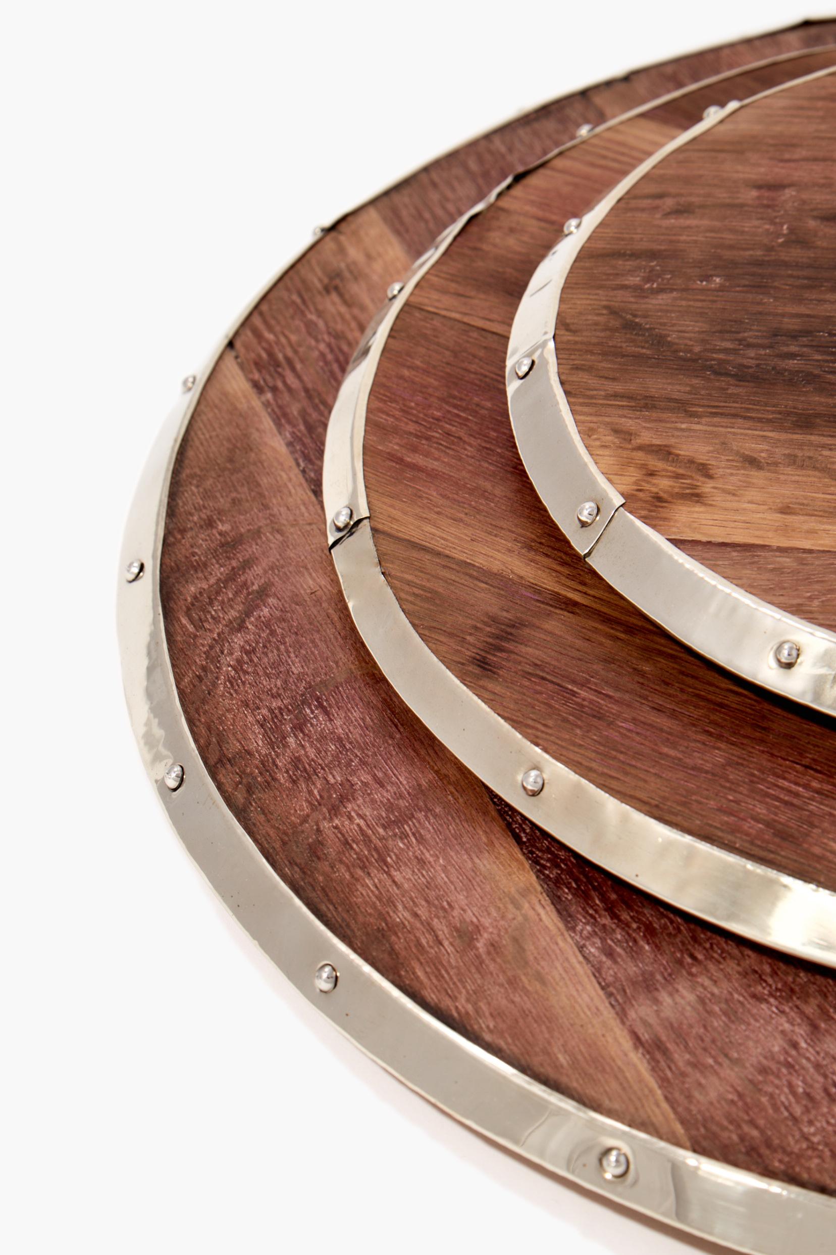 Argentine Mendoza Round Medium Tray, Recycled Barrel Wood & Alpaca Silver For Sale