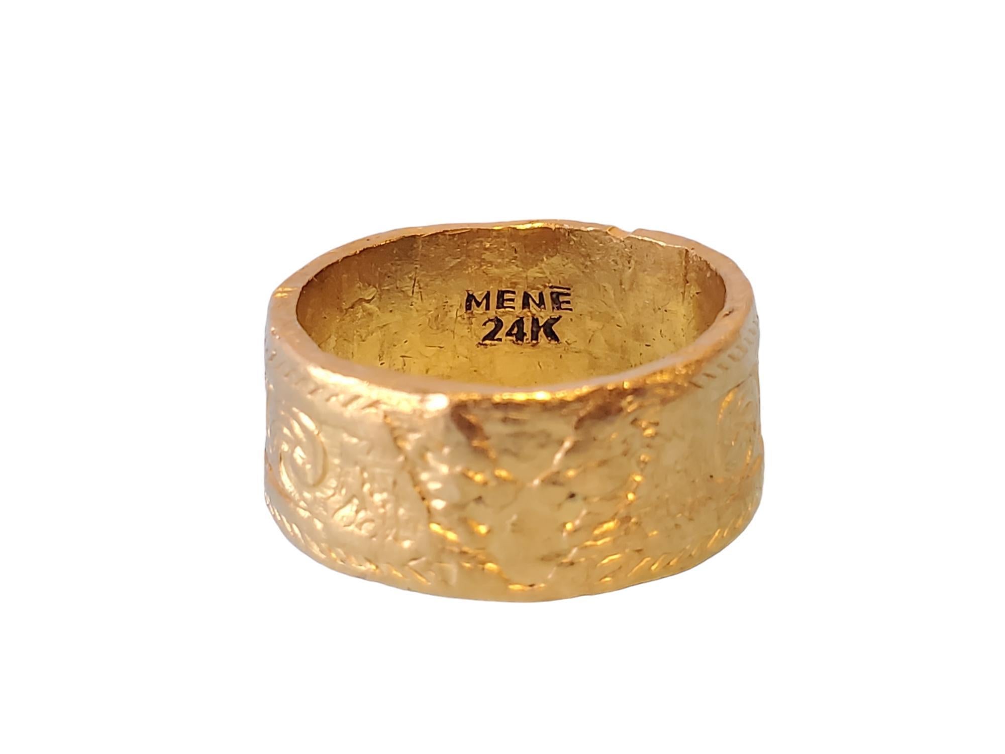 Modern Mene 24kt Yellow Gold Signed Band Wide 10mm Beautifully Detailed For Sale