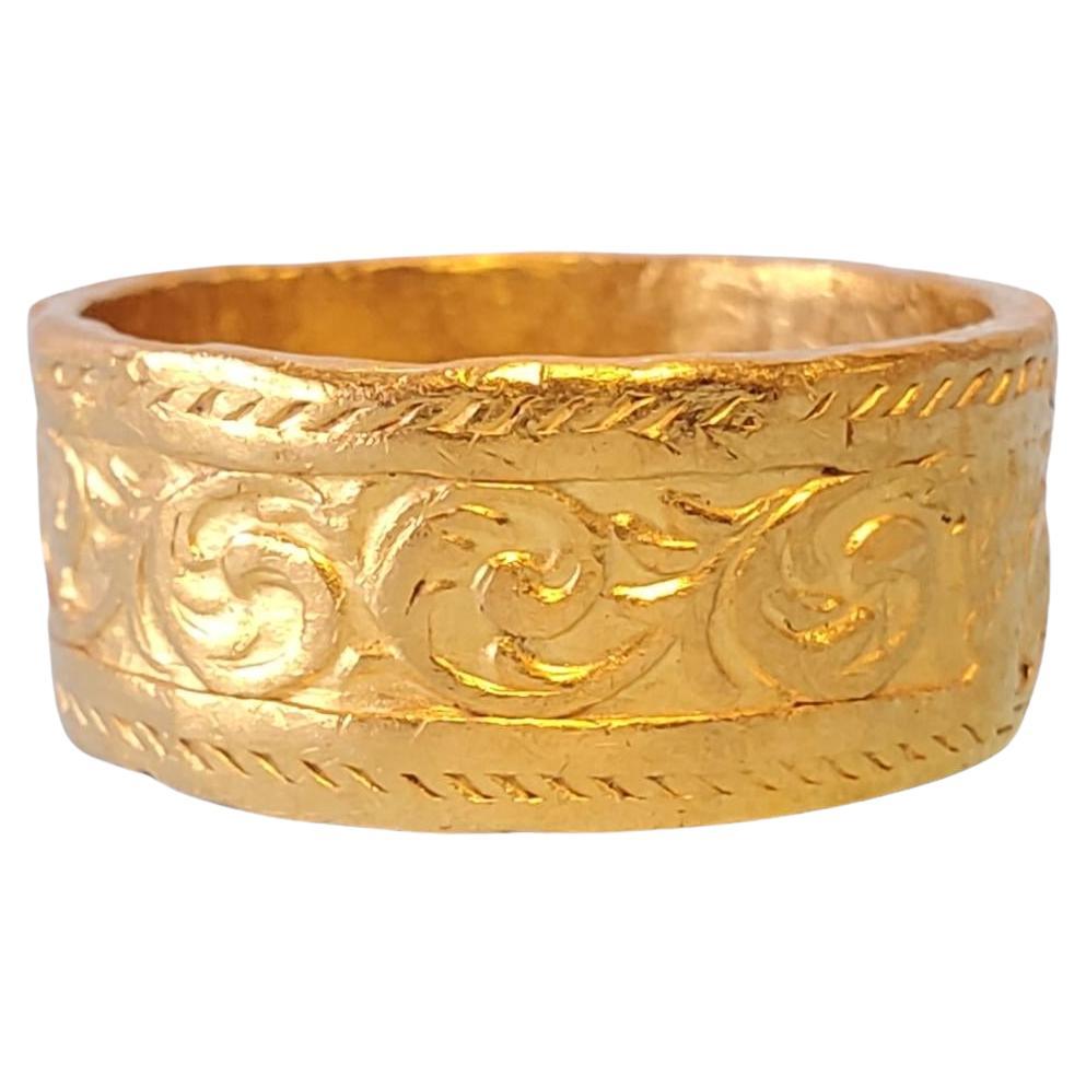 Mene 24kt Yellow Gold Signed Band Wide 10mm Beautifully Detailed For Sale