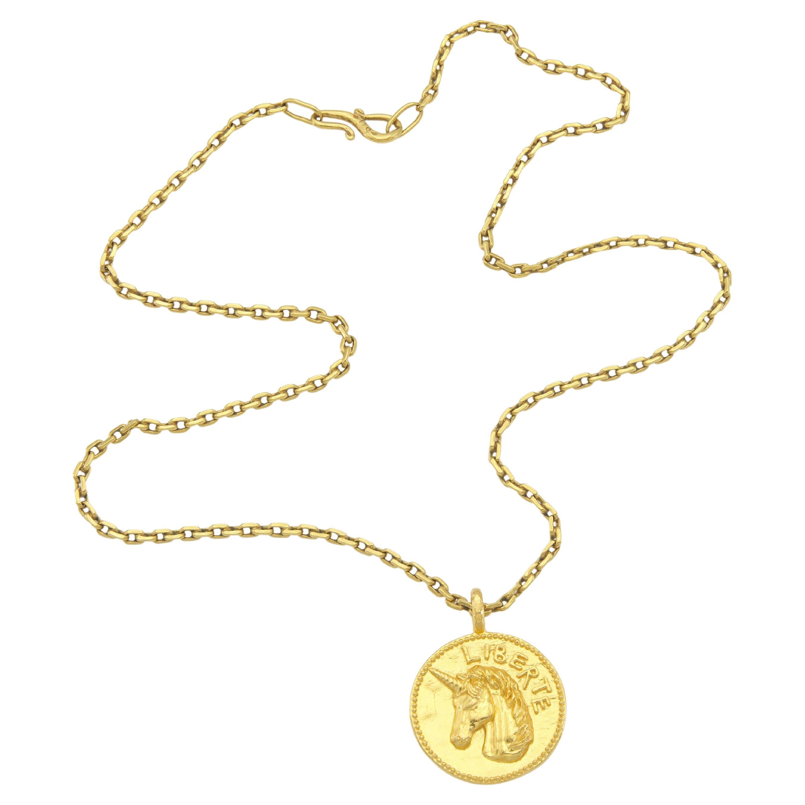 Mene Collier pendentif médaillon licorne en or Liberte en vente
