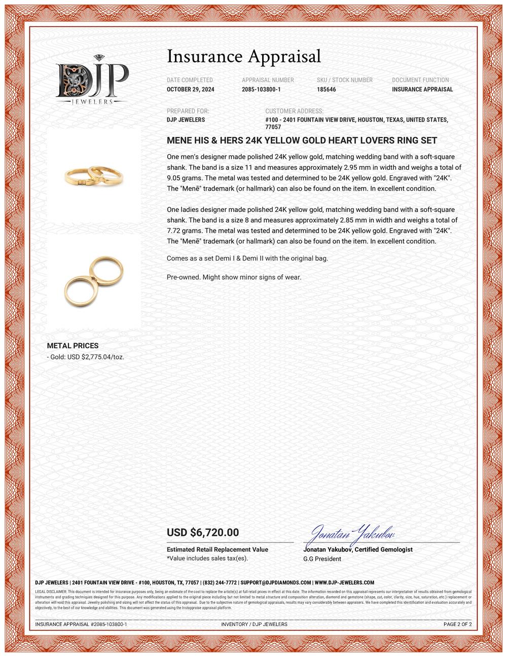 Mene His & Hers 24K Gelbgold Herzliebhaber-Ring Set 12
