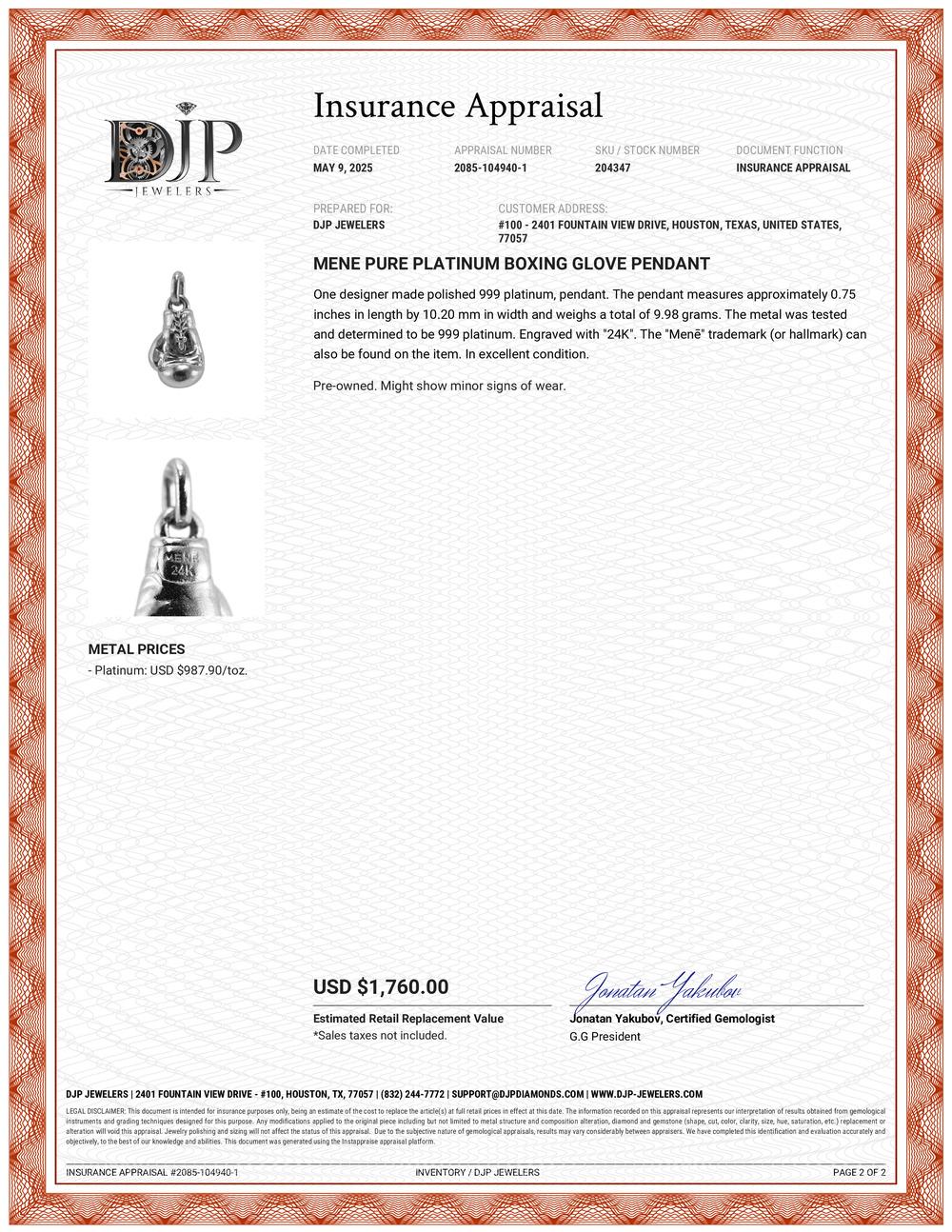 Mene Pendentif gant de boxe en platine pur Pour femmes en vente