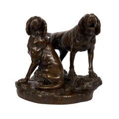 "Menelas & Grondeur" Sculpture française en bronze ancien de chiens de chasse par Leon Bureau