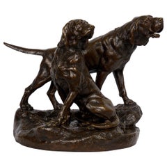 “Menelas & Grondeur” French Antique Bronze Sculpture of Hounds by Leon Bureau