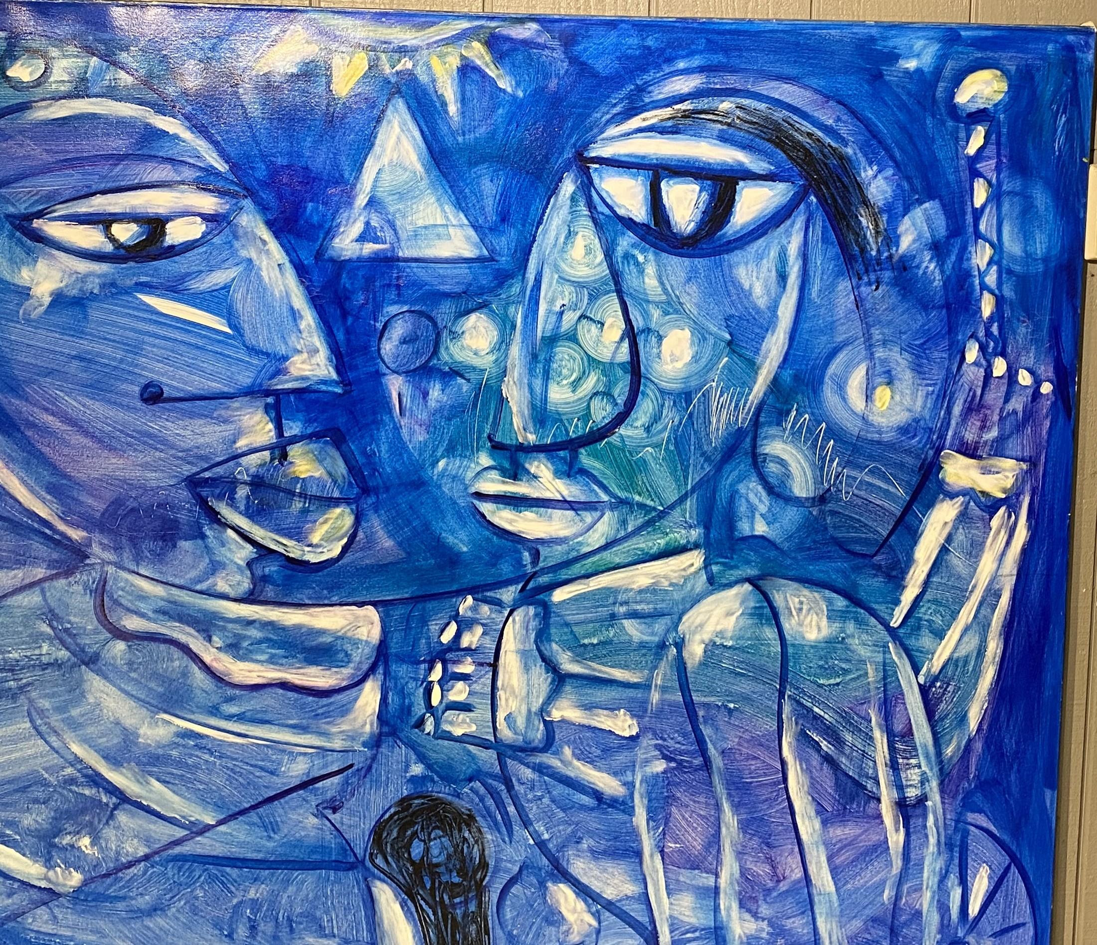 Abstraktes Stillleben mit Figuren (Blau), Still-Life Painting, von Menelaw Sete