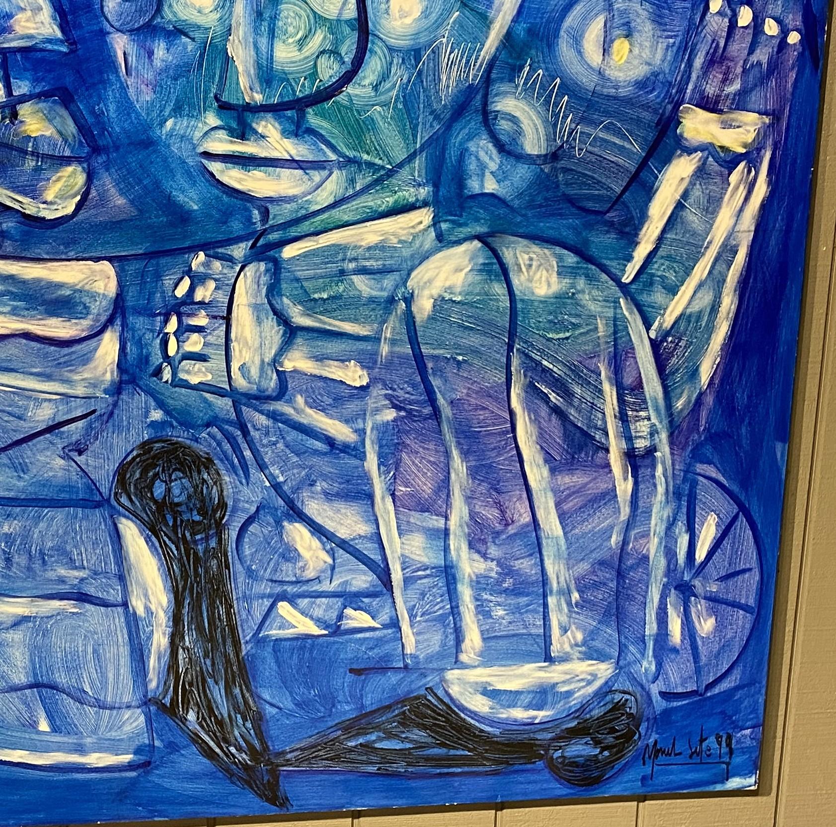 Ein wunderschönes großes abstraktes Ölgemälde mit Figuren des brasilianischen Künstlers Menelaw Sete (alias Sete Menelaw, geb. 1964). Menelaw Sete ist international als 