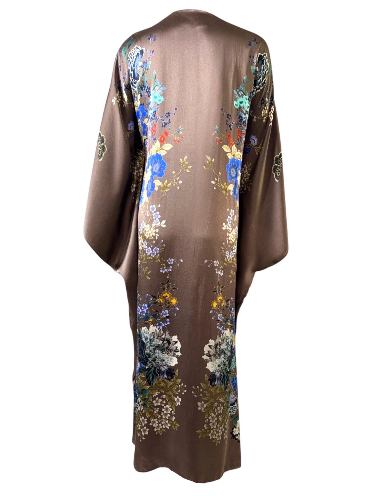 Marron MENG Floral Print Maxi Silk Dressing Gown Robe Kimono OS en vente