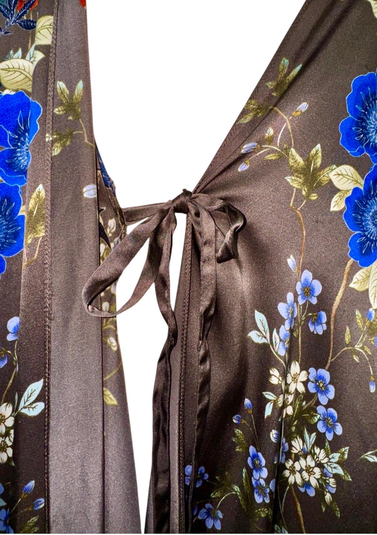 MENG Floral Print Maxi Silk Dressing Gown Robe Kimono OS Pour femmes en vente