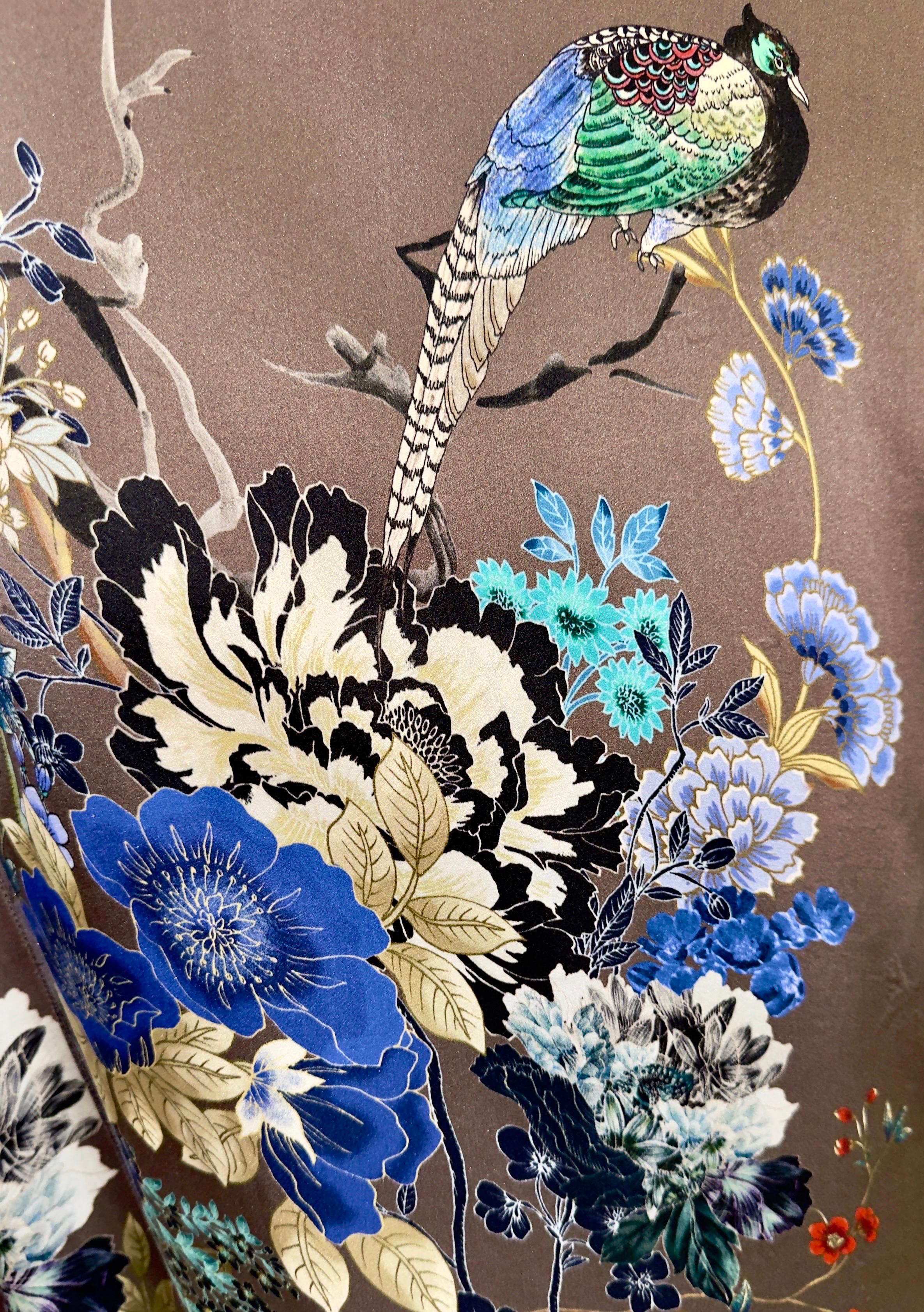 MENG Floral Print Maxi Silk Dressing Gown Robe Kimono OS en vente 1