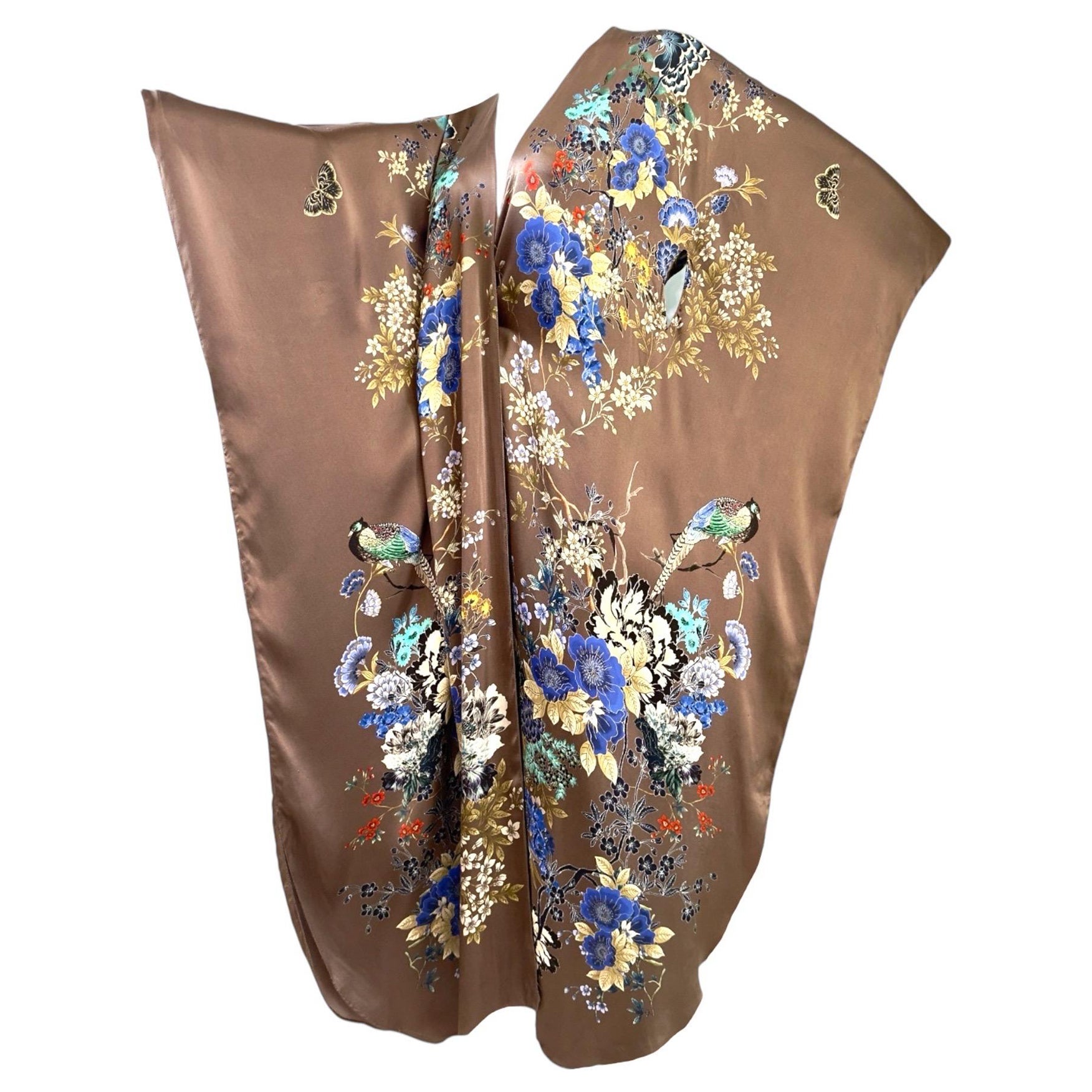 MENG Floral Print Maxi Silk Dressing Gown Robe Kimono OS en vente