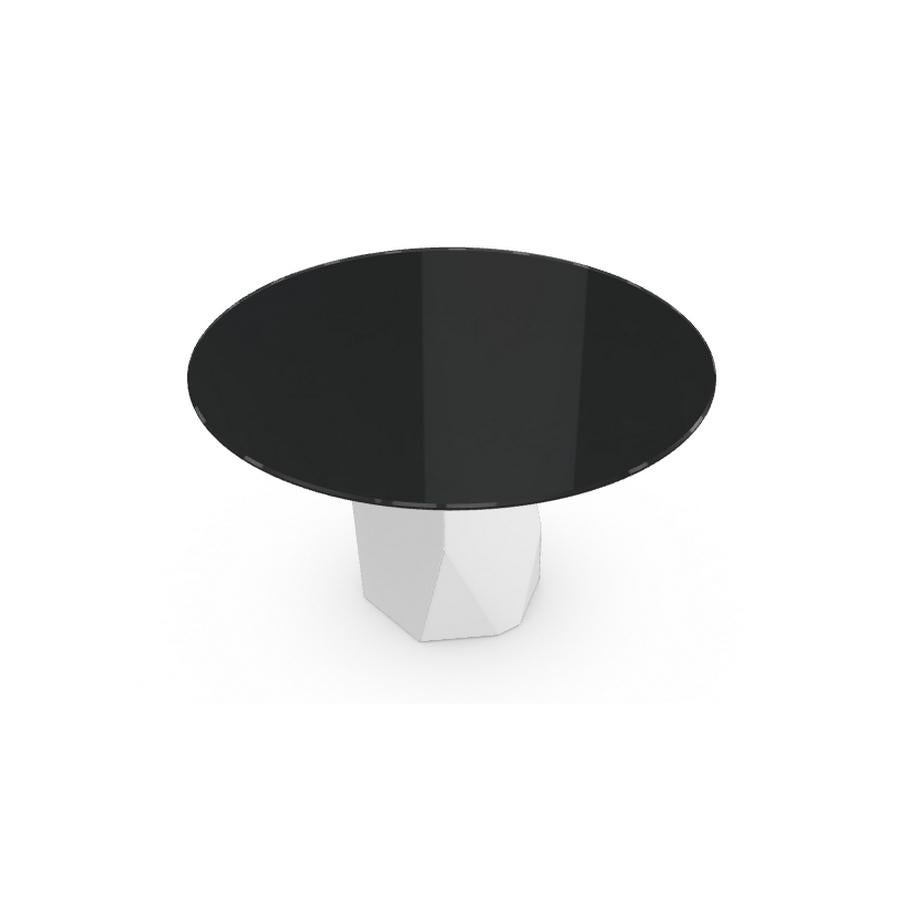 Modern Menhir, Dining Table with Round Black Glass Top on Metal Base, Made in Italy For Sale