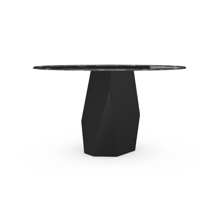 Modern Menhir, Dining Table with Round Black Glass Top on Metal Base, Made in Italy For Sale
