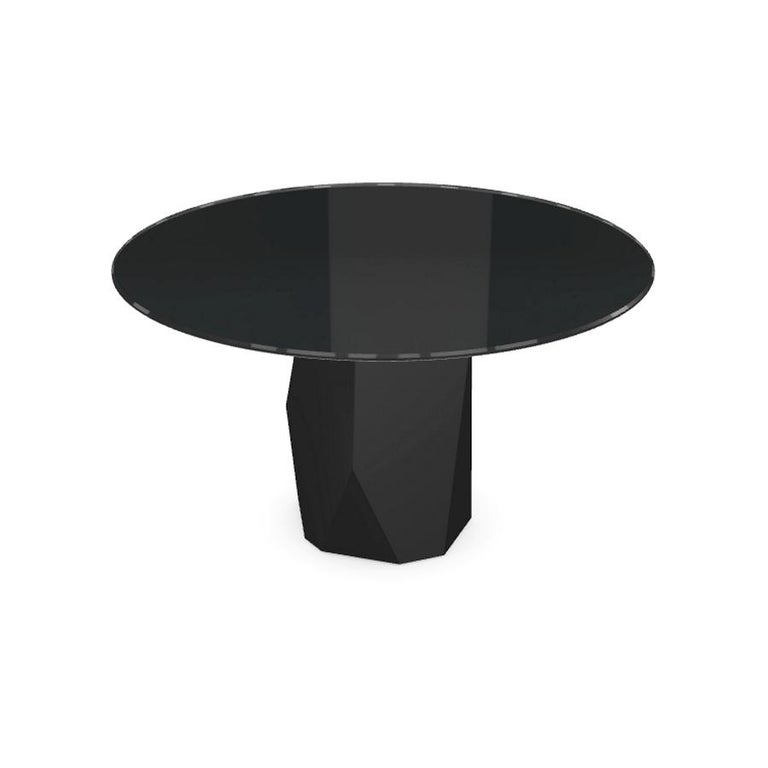 Italian Menhir, Dining Table with Round Black Glass Top on Metal Base, Made in Italy For Sale