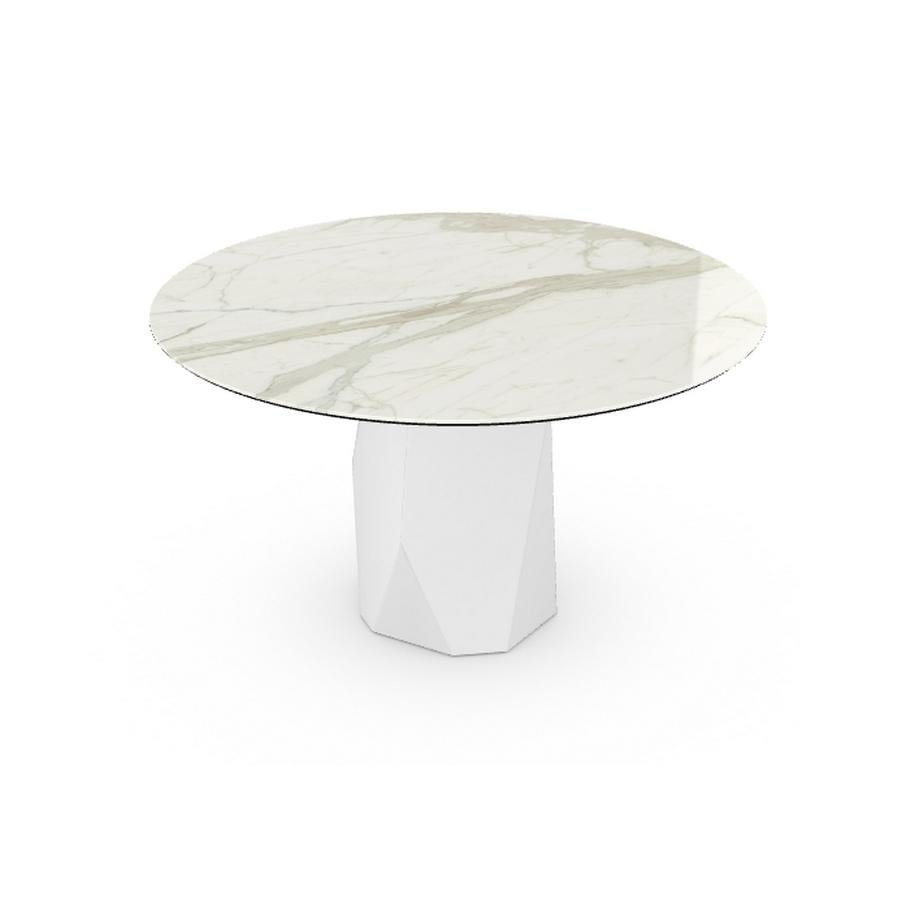 Modern Menhir, Dining Table Round with Calacatta Ceramic Top on Metal Base For Sale