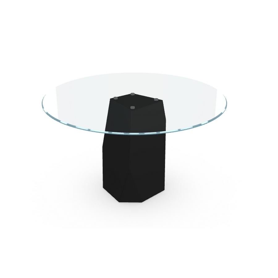 Moderne Table de salle à manger avec plateau rond en verre sur base en métal, fabriquée en Italie en vente