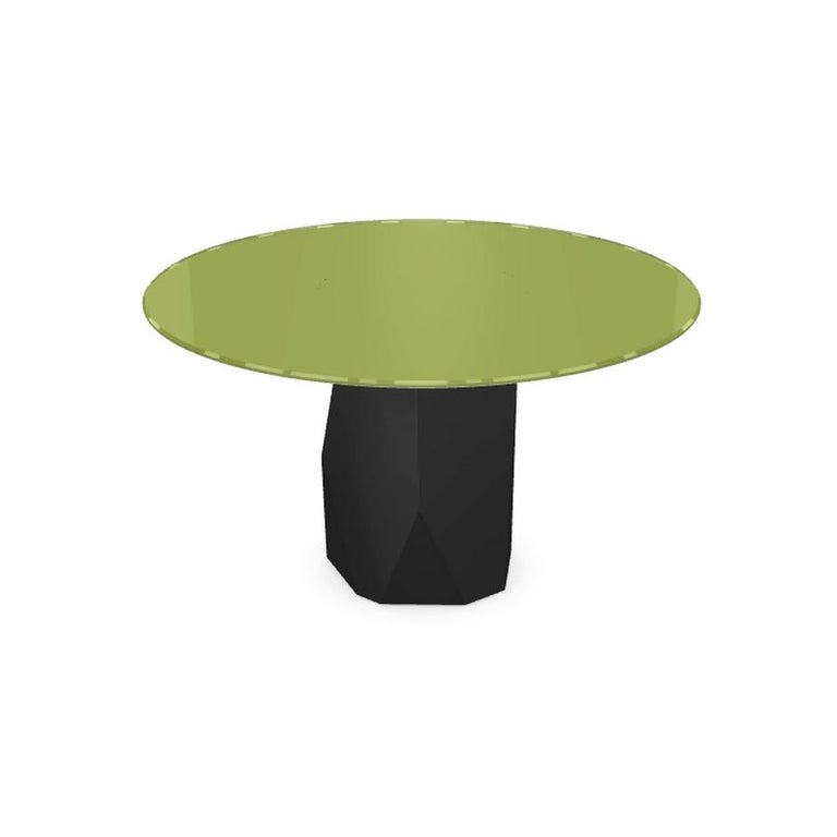 Modern Menhir, Dining Table with Round Green Glass Top on Metal Base, Made in Italy For Sale