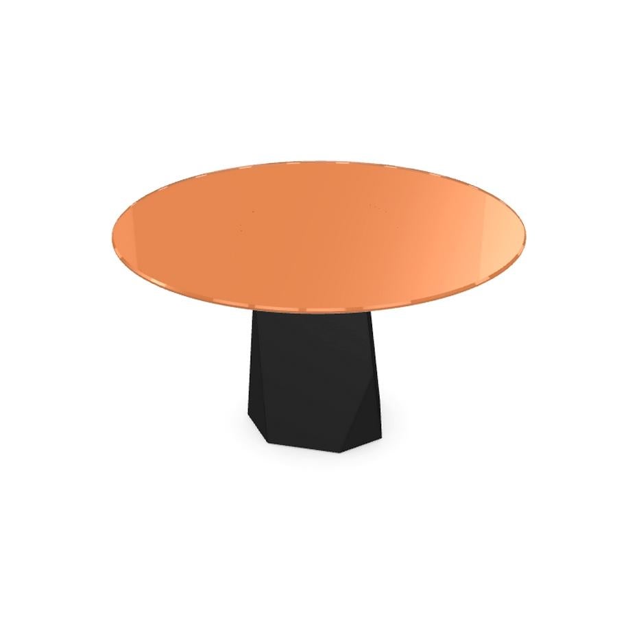 Modern Menhir, Dining Table with Round Orange Glass Top on Metal Base, Made in Italy For Sale