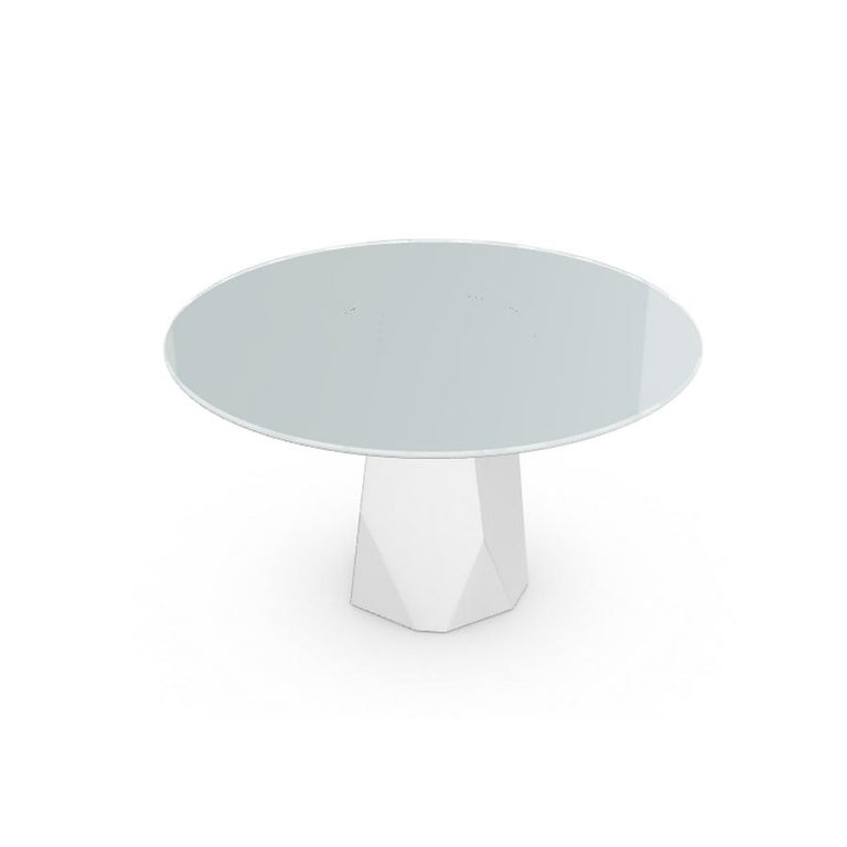 Modern Menhir, Dining Table with Round White Glass Top on Metal Base, Made in Italy For Sale