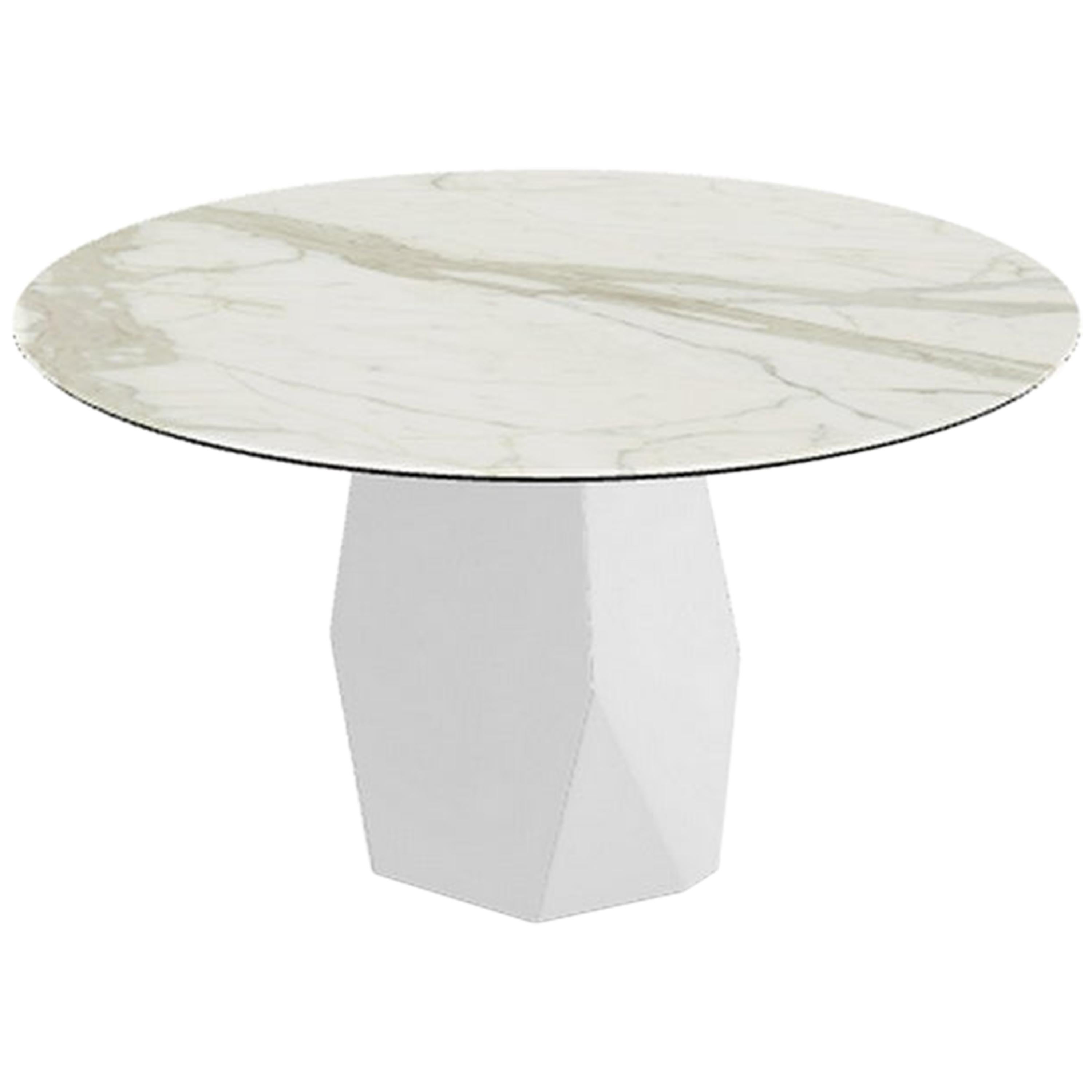 Menhir, Dining Table Round with Calacatta Ceramic Top on Metal Base