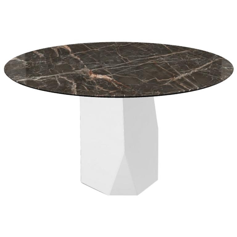 Menhir, Dining Table with Emperador Round Ceramic Top on Metal Base