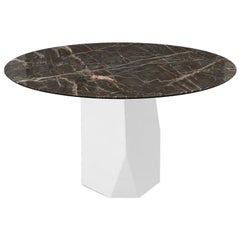 Menhir, Dining Table with Emperador Round Ceramic Top on Metal Base