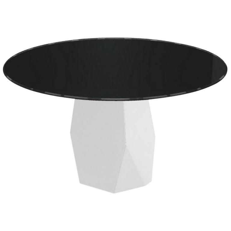 Menhir, Dining Table with Round Black Glass Top on Metal Base, Made in Italy