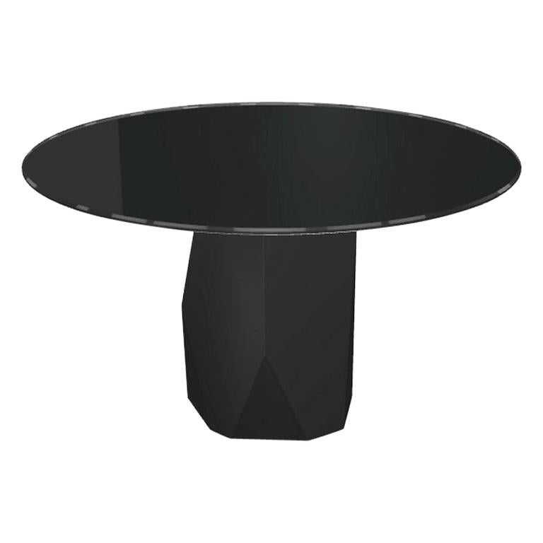 Menhir, Dining Table with Round Black Glass Top on Metal Base, Made in Italy