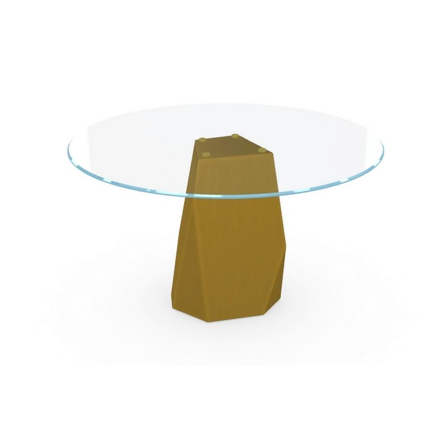 Italiano Menhir, Tavolo da pranzo con piano rotondo in vetro trasparente su base in ottone, Made in Italy in vendita
