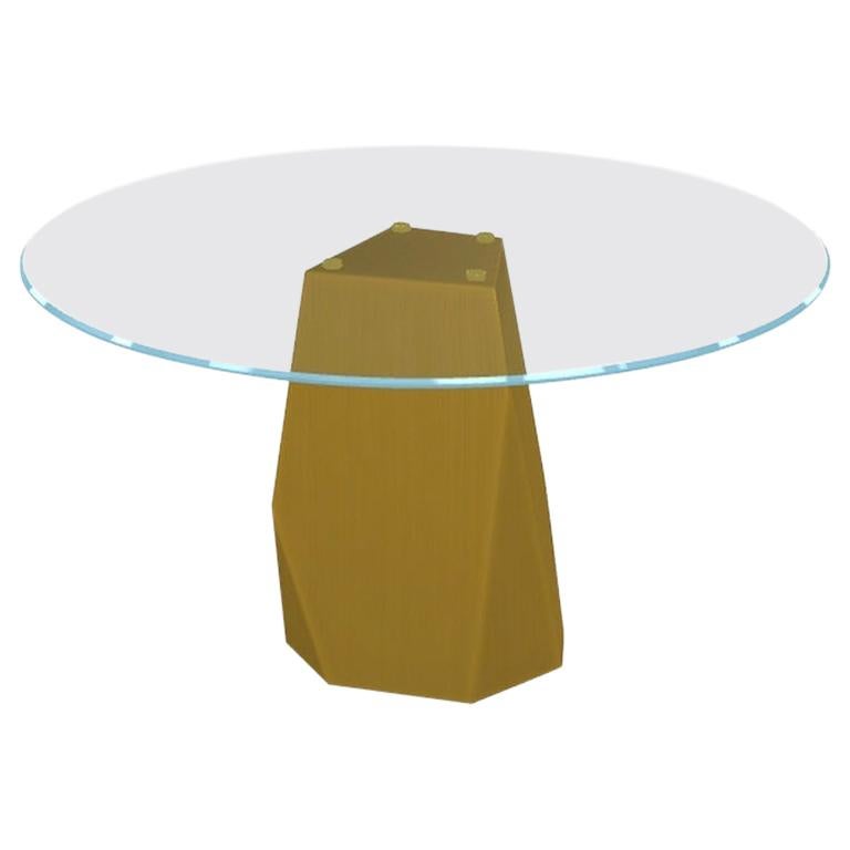 Table de salle à manger avec plateau rond en verre transparent sur base en laiton, fabriquée en Italie en vente