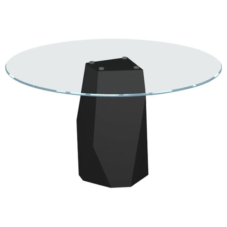 Table de salle à manger avec plateau rond en verre sur base en métal, fabriquée en Italie