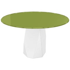 Menhir, Dining Table with Round Green Glass Top on Metal Base, Made in Italy