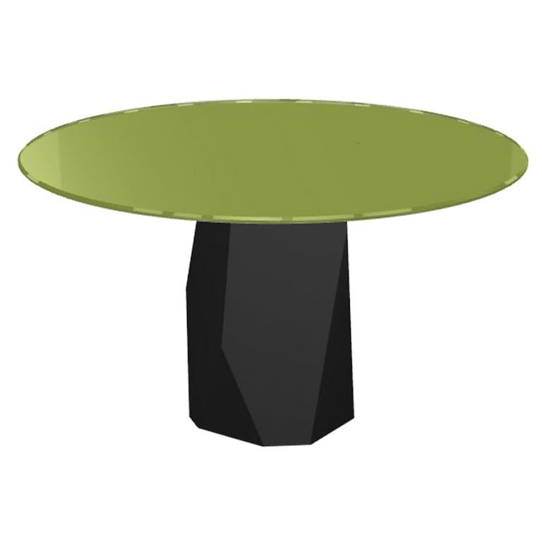 Menhir, Dining Table with Round Green Glass Top on Metal Base, Made in Italy