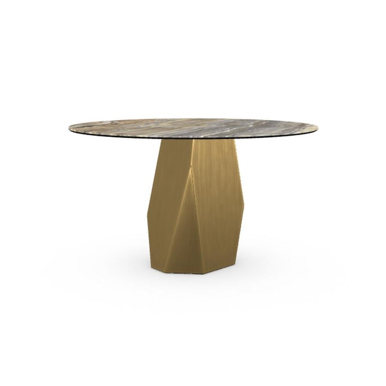 Modern Menhir, Dining Table with Round Grey Onyx Ceramic Top on Brass Base For Sale