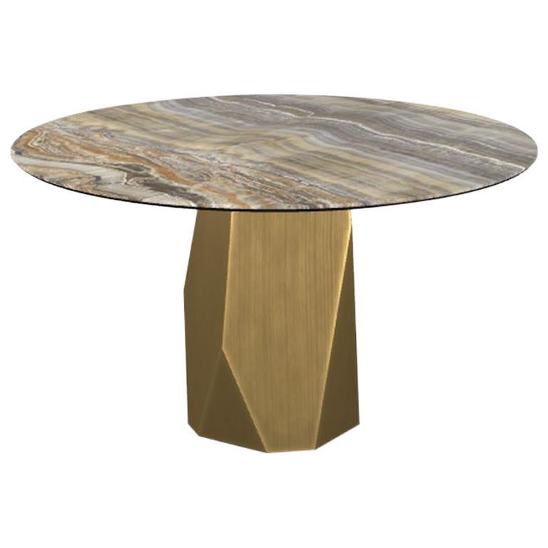 Menhir, Dining Table with Round Grey Onyx Ceramic Top on Brass Base For Sale