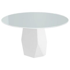 Menhir, Dining Table with Round White Glass Top on Metal Base, Made in Italy