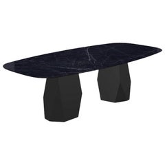 Menhir Two Bases, Dining Table Black Marquina Ceramic Top on Black Metal Base