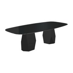 Menhir Two Bases, Dining Table with Black Glass Top on Black Metal Base