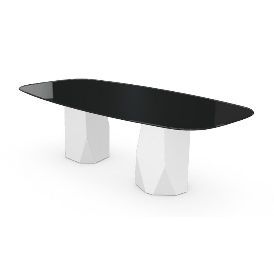 Modern Menhir Two Bases, Dining Table with Black Glass Top on Metal Base For Sale