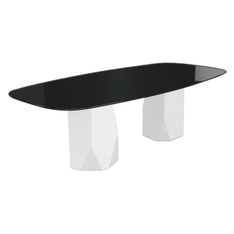 Menhir Two Bases, Dining Table with Black Glass Top on Metal Base For