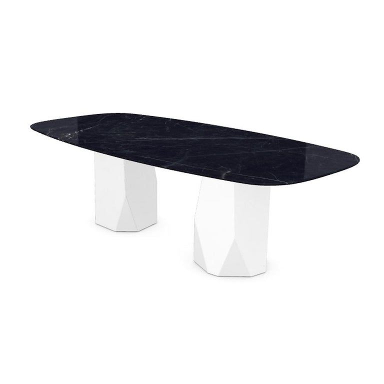 Modern Menhir Two Bases, Dining Table with Black Marquina Ceramic Top on Metal Base For Sale