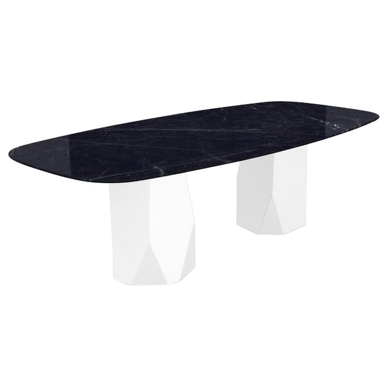 Menhir Two Bases, Dining Table with Black Marquina Ceramic Top on Metal Base For Sale