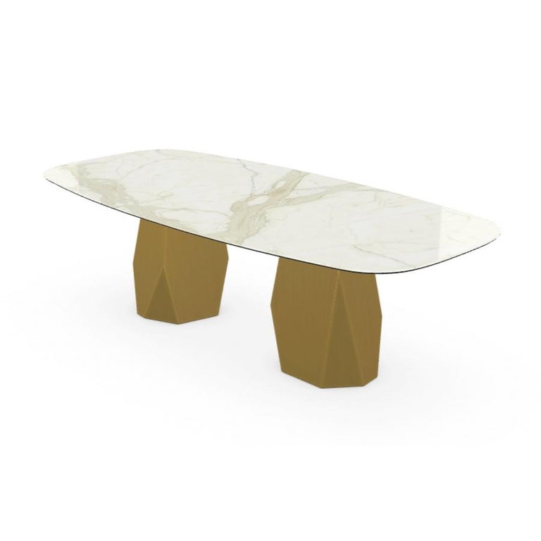 Modern Menhir Two Bases, Dining Table with Calacatta Ceramic Top on Brass Base For Sale