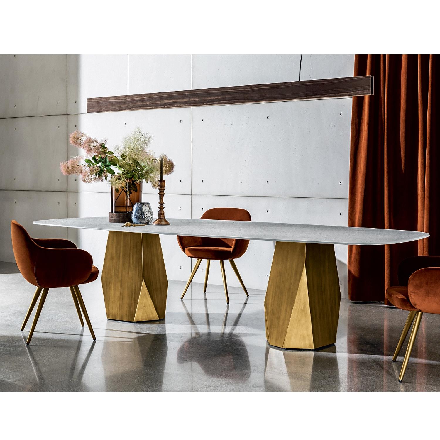 Modern Menhir Two Bases, Dining Table with Calacatta Ceramic Top on Brass Base For Sale