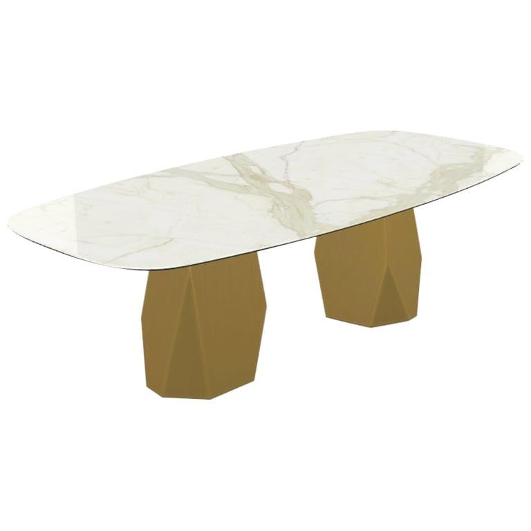 Menhir Two Bases, Dining Table with Calacatta Ceramic Top on Brass Base For Sale