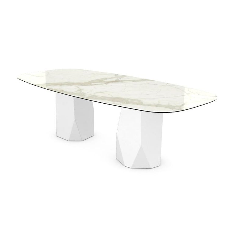 Modern Menhir Two Bases, Dining Table with Calacatta Ceramic Top on Metal Base For Sale